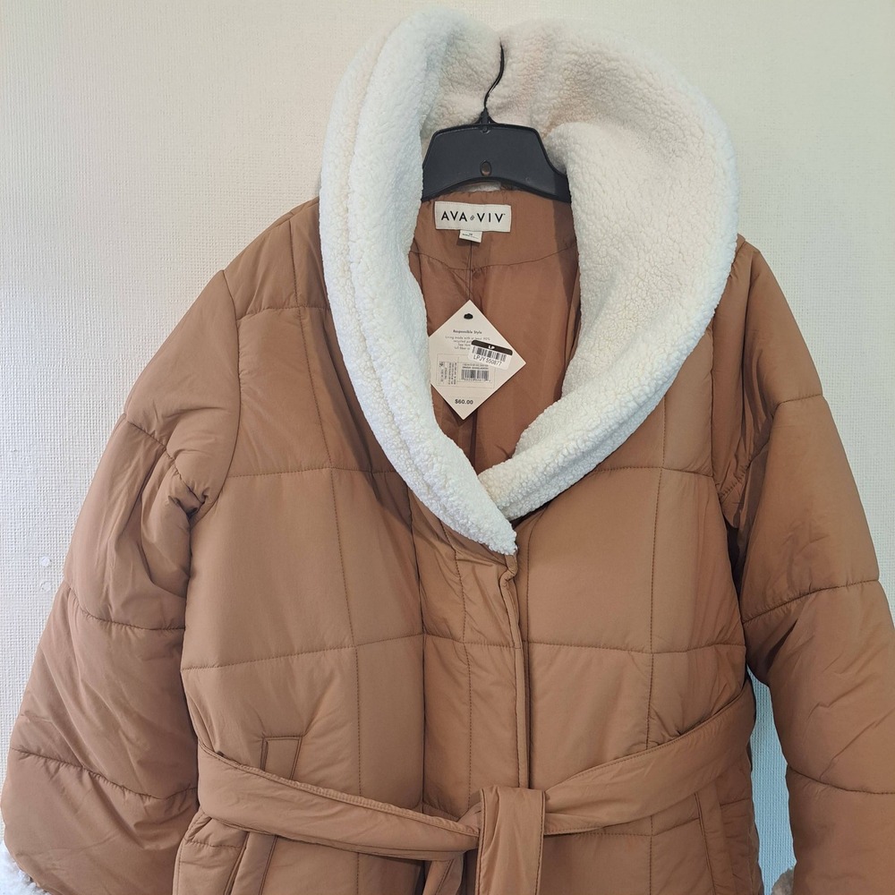 Ava & Viv Womens Jacket 1X Tan NWT Quilted Sherpa Trim Belted Puffer 1973-480